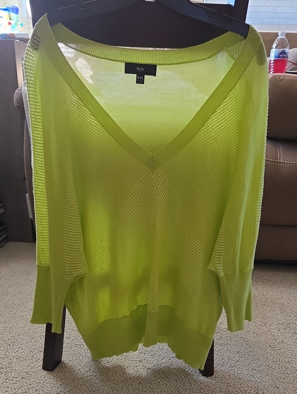 Lime Green V-Neck Open Knit Sweater - XXL